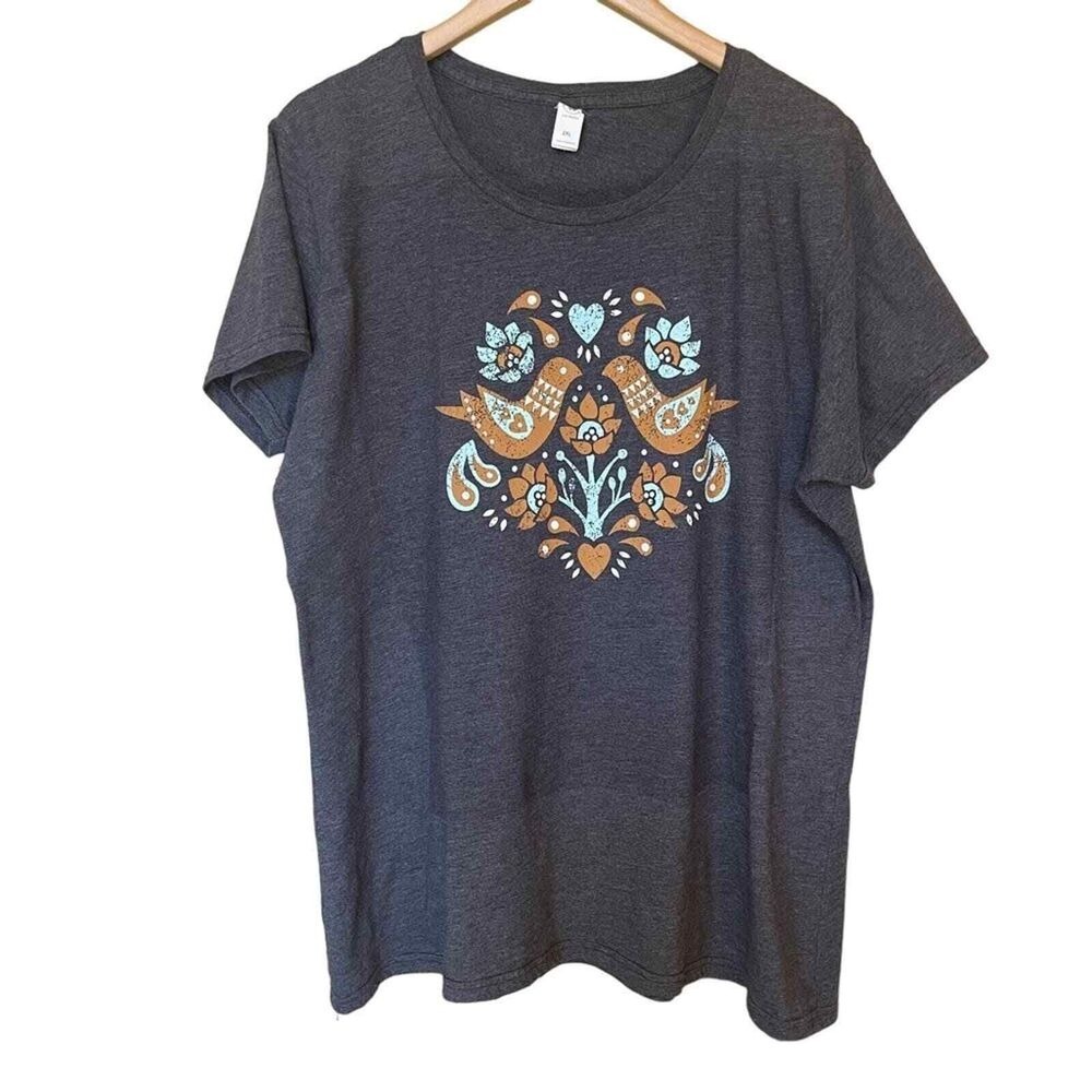 Air Waves Womens Charcoal Grey Folk Art Bird Graphic T-Shirt 2XL Short‎ Sleeve